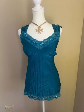 VINTAGE Teal Lace Trim Camisole Top with Sequin Detail